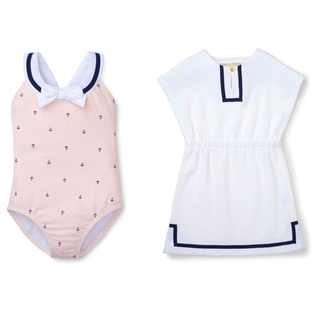 Hope & Henry Sailor Swimsuit & Terry Cloth Coverup Dress Sz 2T Pink Navy White